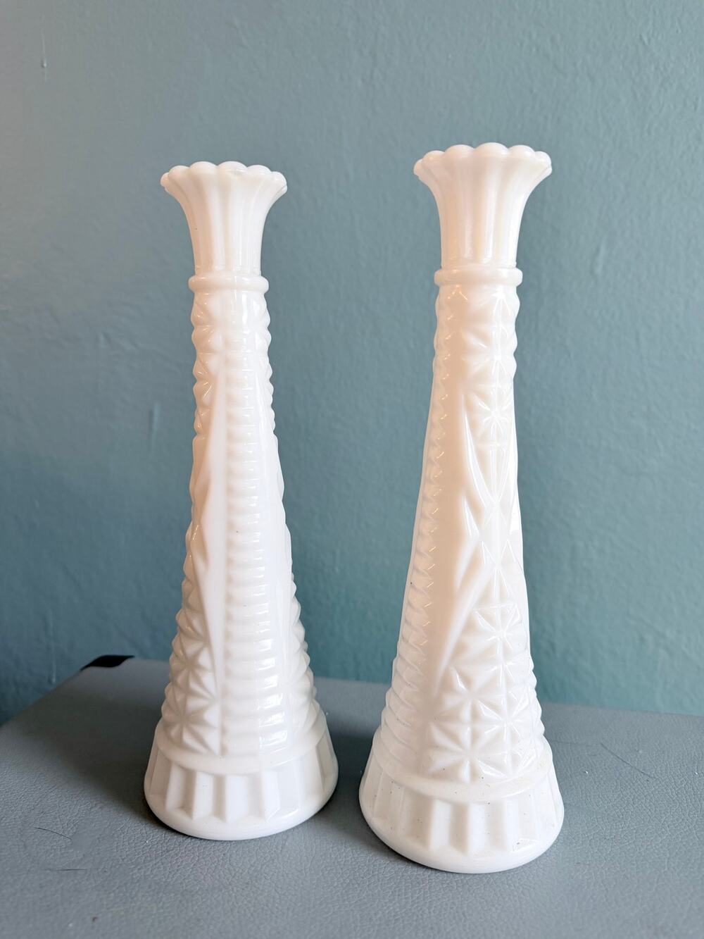 Pair Vintage Anchor Hocking Milk Glass Stars and Bars Bud Vases 9" MCM Set